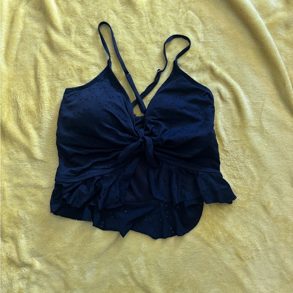 Women's Black Knot Front Ruffle Tankini Top